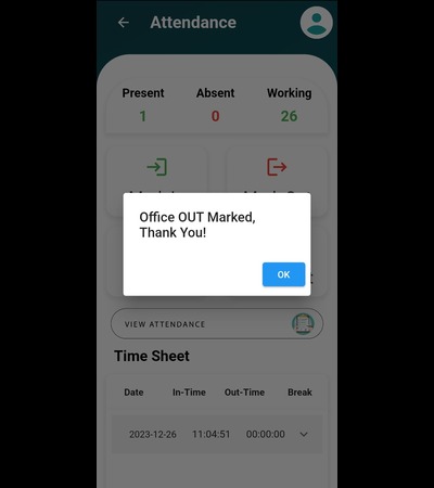 Digitance App Attendance Marked-Out Screen